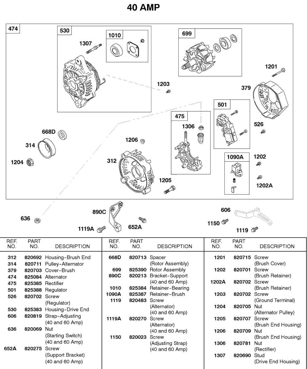 Alternator, 40 Amp Diagram and Parts List for 580447-0315-XX  Briggs and Stratton Engine